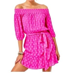 Lilly Pulitzer Rochelle Off-The-Shoulder Romper Dress Pink Polka Dot XS